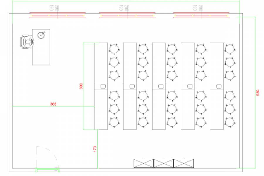 24 Kişilik Kimya laboratuvarlarında uygulanan standart yerleşim planı sıralı sistem yerleşim planıdır. Bu planda İki masa arasına bir adet öğrenci elektrik ve su ünitesi konumlandırılmaktadır.


